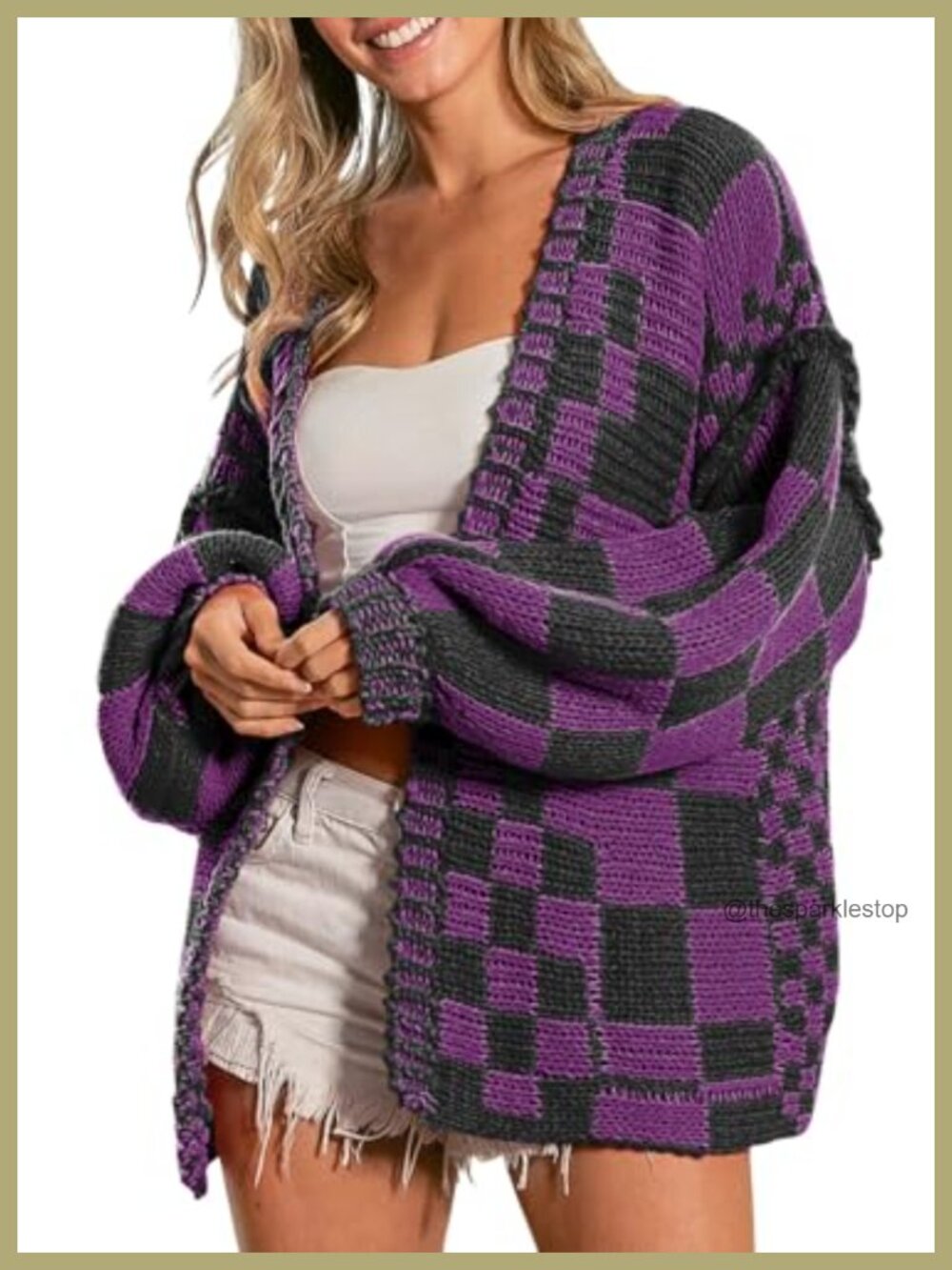 Chunky Knit Checkered Cardigan Sweater Loose Open Front